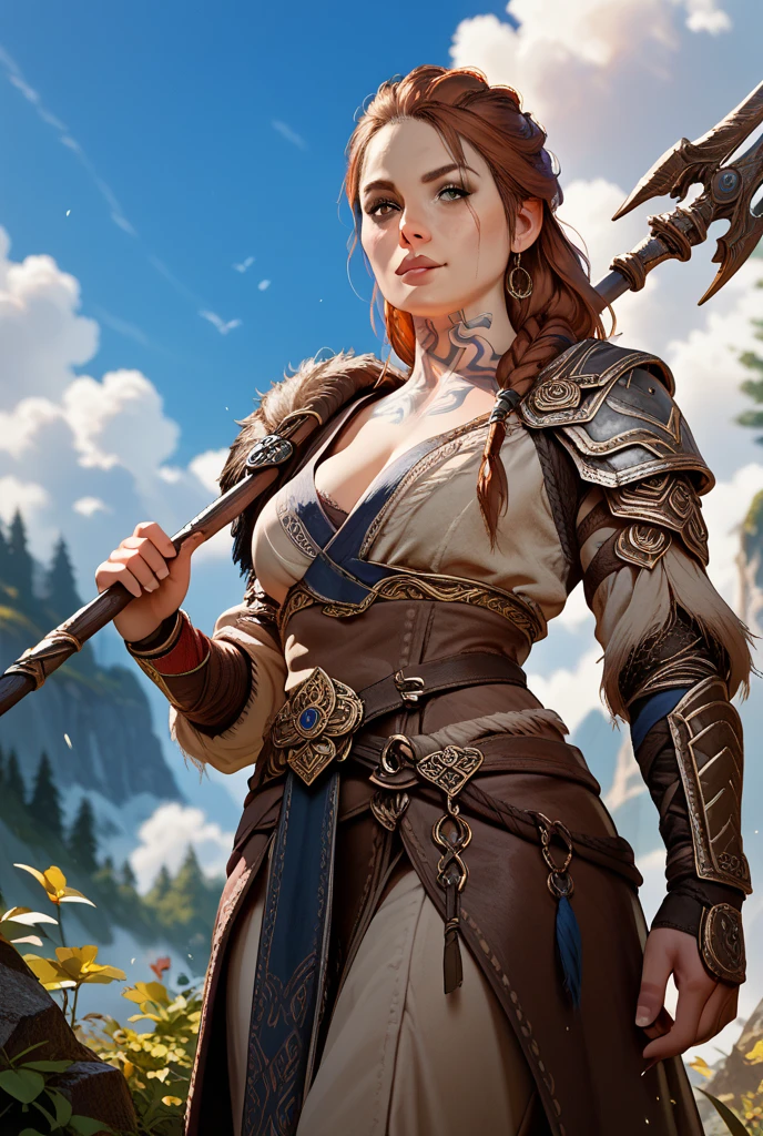 Fantasyart, The art of cosplay, dark fantasy art, super wide shot, raw, realisticlying, Photo of female human ranger and her wolf pet, Ranger, A delicate and beautiful human woman, cabellos largos dorados, Braided hair, green-eyed, wearing leather armor, dressed in (redcloak: 1.1), armed with (The sword: 1.3), Wearing lace-up boots, Standing in the dark forest at night, (with mist rising from the ground: 1.3), Feelings of fear, But she is brave and fearless, Her wolf pet stands near her, Protect her, Dark fantasy forest background, Best quality at best, 16k, [ultra - detailed], tmasterpiece, Best quality at best, (ultra - detailed), full bodyesbian, super wide shot, photo-realism