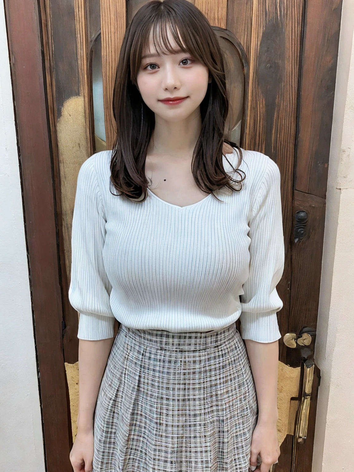 Transcendent Beautiful Girl、(((Walk along the sidewalks of the cityscape)))、(((A street lined with shops)))、(((tiny chest)))、Contours deepen、Beautiful brilliance in every detail、(((Full body posture)))、(((flat chest)))、Sunny blue sky、cross arms behind back、White knitted sweater、Long skirt with blue floral pattern、Lace flowing in the skirt、Gives skin radiance、Beautuful Women、Medium Hair、Hang your bangs on your forehead、brown haired、rainbow-colored hair、delicated facial features、Refreshing smile、Big eyes are cute、Middle chest、Authentic skin texture、耳Nipple Ring、enhanced quality、Ultra-Precision Fine、Ultra High Definition 8K CG Wallpaper Masterpiece