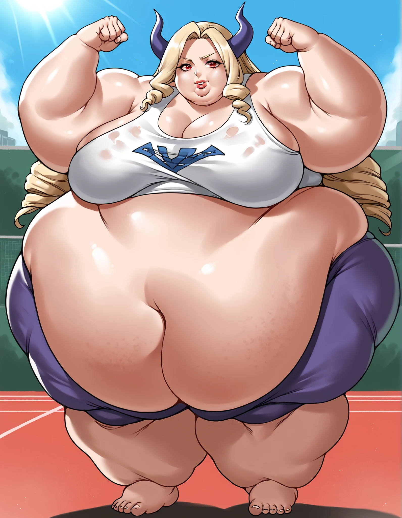 score_9, score_8_up, score_7_up, source_anime, rating_safe, BREAK mount lady, 1girl, long hair, drill hair, blonde hair, messy hair, red eyes, large breasts, tank top, midriff, sport shorts, looking at viewer, sunlight, day, summer, giant hands, giant feet, fat, chubby, obese, gigantic arms and legs, gigantic breasts, sagging breasts, full body shot, fat face, chubby face, double chins, big lips, fat hands, fat finger's, chubby hands, chubby fingers
