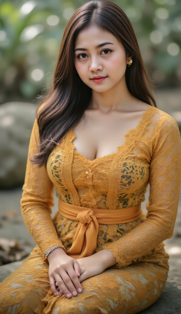1 Indonesian-Dutch girl, 25 years old, long fashion hair, fit body, cleavage, skintight black lace kebaya, batik skirt, highly detailed, ultra hd, 8k, detailed face, bright eyes, perfect eyes, detailed lips, sexy lips, perfect hands, dynamic angle, cowboy shot, (hyperrealistic), (illustration), (high resolution), (8K), (extremely detailed), (best illustration), (beautiful detailed eyes), (best quality), (ultra-detailed), (masterpiece), (photorealistic), (natural light), (detailed face), (high detailed realistic skin texture), (anatomically correct), (solo), (high detailed realistic hair), (caramel hair), (heterochromic eyes), (detailed eyes), (brown eyes), (realistic huge breasts), (slender abs), (dynamic pose), (closed tiny mouth), (horny expression), (dimple), (a girl playing in the garden), (see-through clothes:1.2), (transparent clothes:1.2), (open shoulders), (exposed nipple breasts)