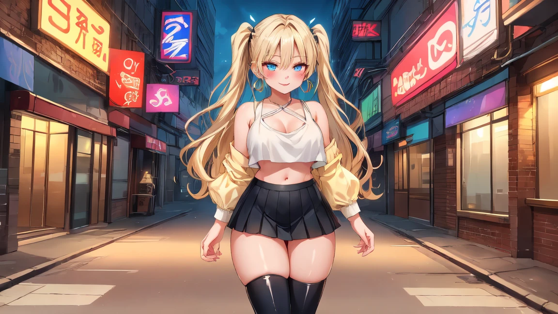 only 1 character, a girl,, hair in a pony tail, blonde hair, blue eyes, , Hair Flower, , , Big eyes, plaid skirts, black thigh-highs, embarrassed, b1mb0, detailed skin skin blemish