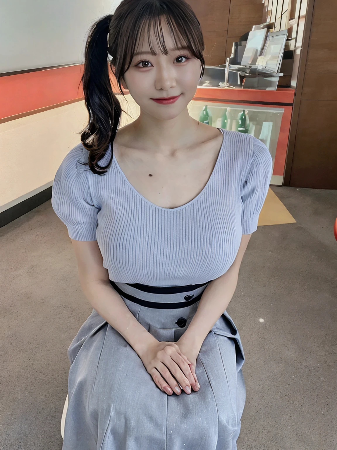 portrait of a japanese teen,(Best Quality,4K,8K,hight resolution,masutepiece:1.2),Ultra-detailed,(Realistic,Photorealistic,Photorealsitic:1.37),cute-style,Dribbling High Detail 8K,Studio Lighting - V 6, Sheer clothes,耳环,pleatedskirt,Random Faces, Random curly hair, bangss, bare-legged,A slight smil
