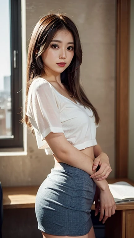 look at viewer, very short cut, ((Business jacket、garter belt、white T-shirts、White :1.2)), fullbody, spread bedroom,