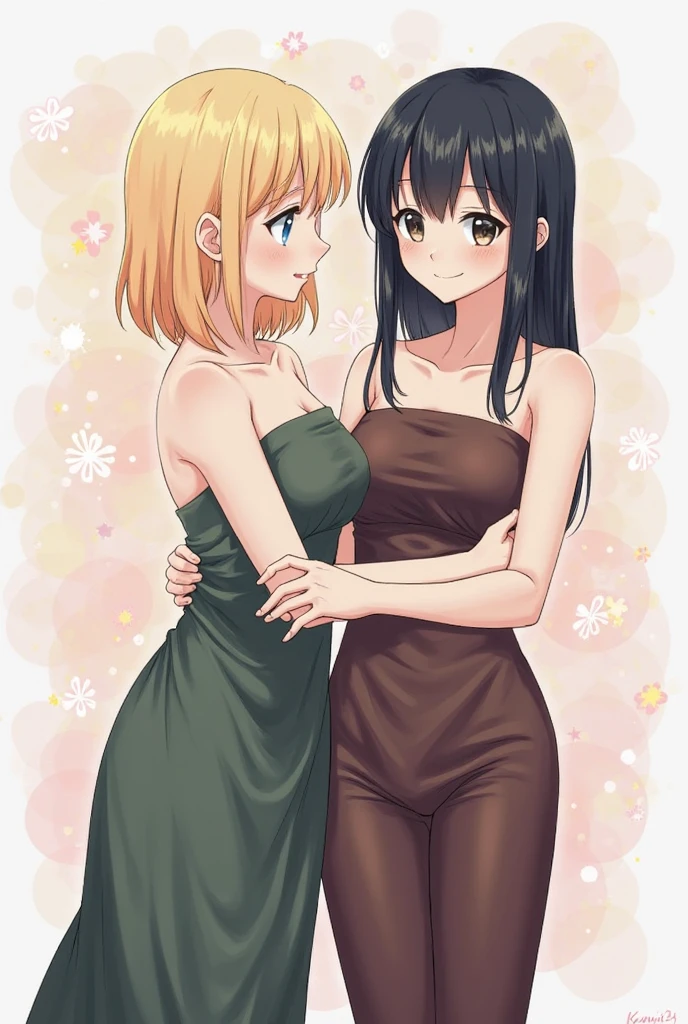 An adult with brown hair, olhos marrons e Caucasian skin com uma roupa verde, smiling and making a funny pose. An adult woman in the middle with black hair, Caucasian skin, olhos castanhos e roupa preta smiling and making a funny pose. another adult next to her, blonde hair green eyes, Caucasian skin e usando uma roupa lilas. all in one photo in the format of a Disney movie