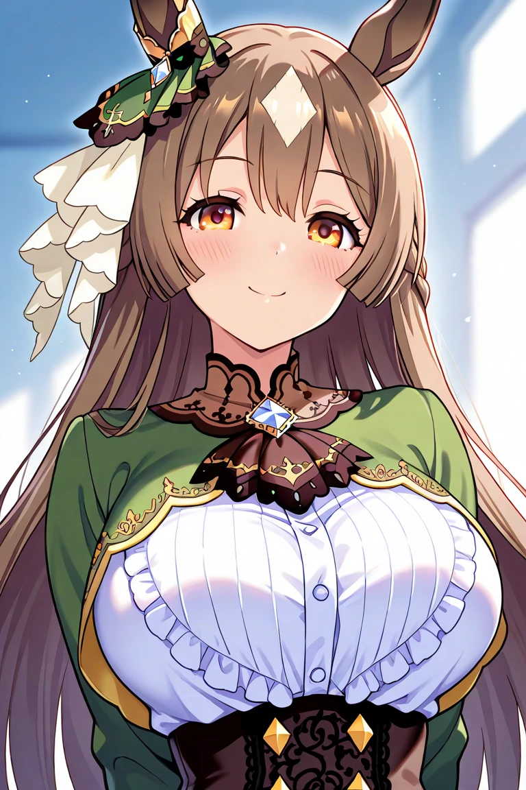 1girl, solo, big breasts, curvy breasts, voluminous breasts, firm breasts, five fingers, detailed hands, green dress, Wedding, getting married, (wedding dress:1.3), (frill:1.2), (bouquet of flowers), snow-white dress, (white gloves), vail, one character, happy face, face focus, upper body, in church, BREAK Horse ears, brown hair, orange eyes, king halo\(umamusume\), Hair ribbon,