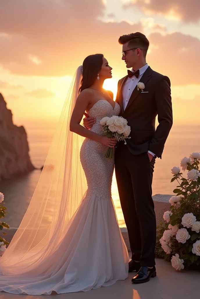 the sea,precipice,wedding gown,the setting sun,husband and wife