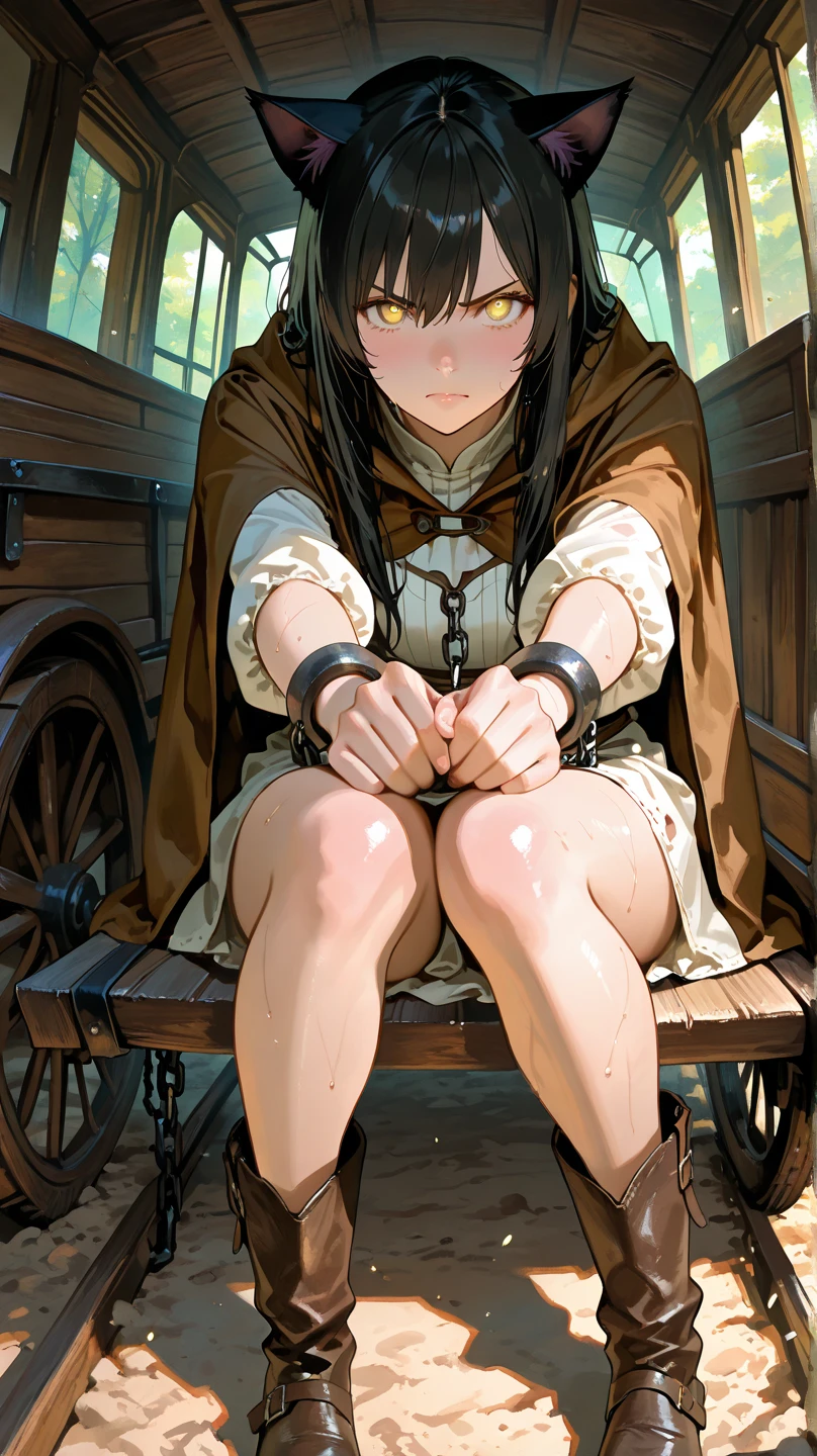 (masterpiece, best quality),1girl with long black hair sitting in bed inside a cellar, hypnotized, her arms are up and tied , warm lighting, tattered clothes, blurry foreground