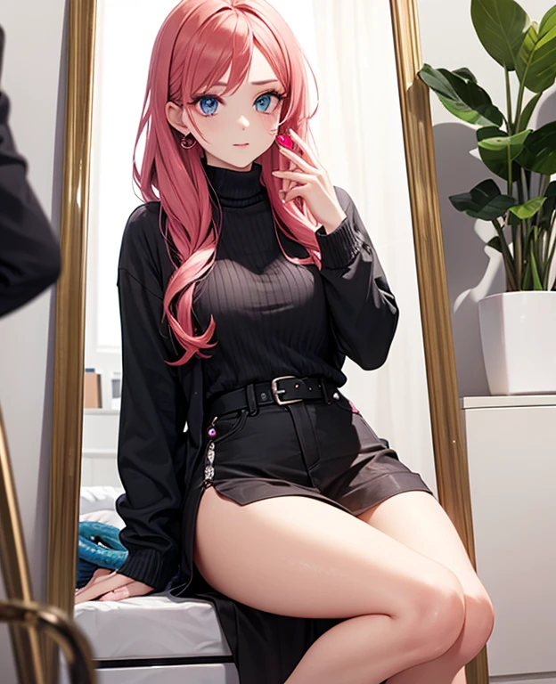 create an anime girl sitting cross-legged in pink and black underwear in a luxurious room 25 years old in a luxurious apartment