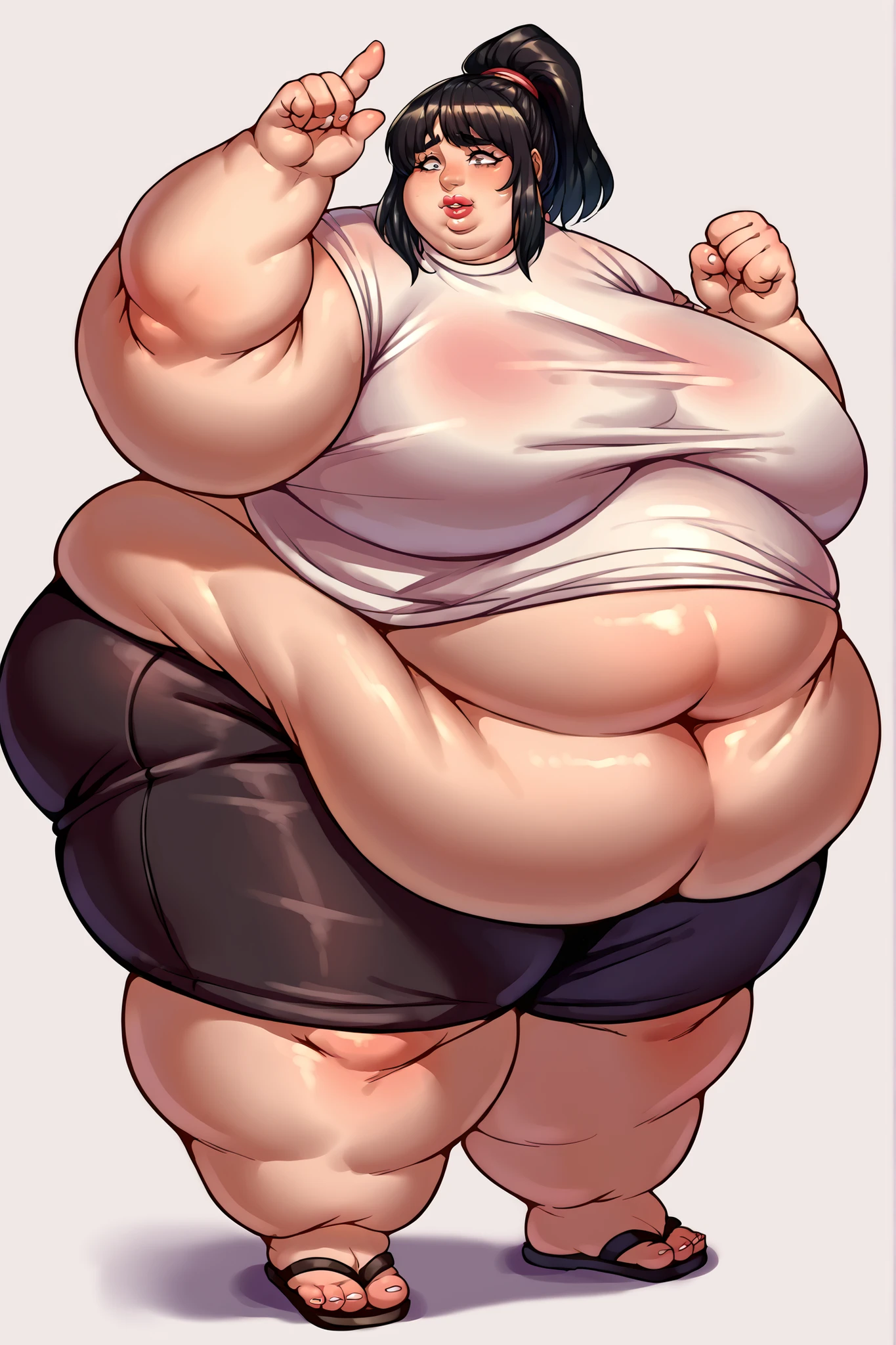score_9, score_8_up, score_7_up, source_anime BREAK 1girl, solo, shihop5, black hair, ponytail, oversized shirt, black bike shorts, sandals, giant hands, giant feet, fat, chubby, obese, gigantic arms and legs, gigantic breasts, sagging breasts, full body shot, fat face, chubby face, double chins, big lips, fat hands, fat finger's, chubby hands, chubby fingers