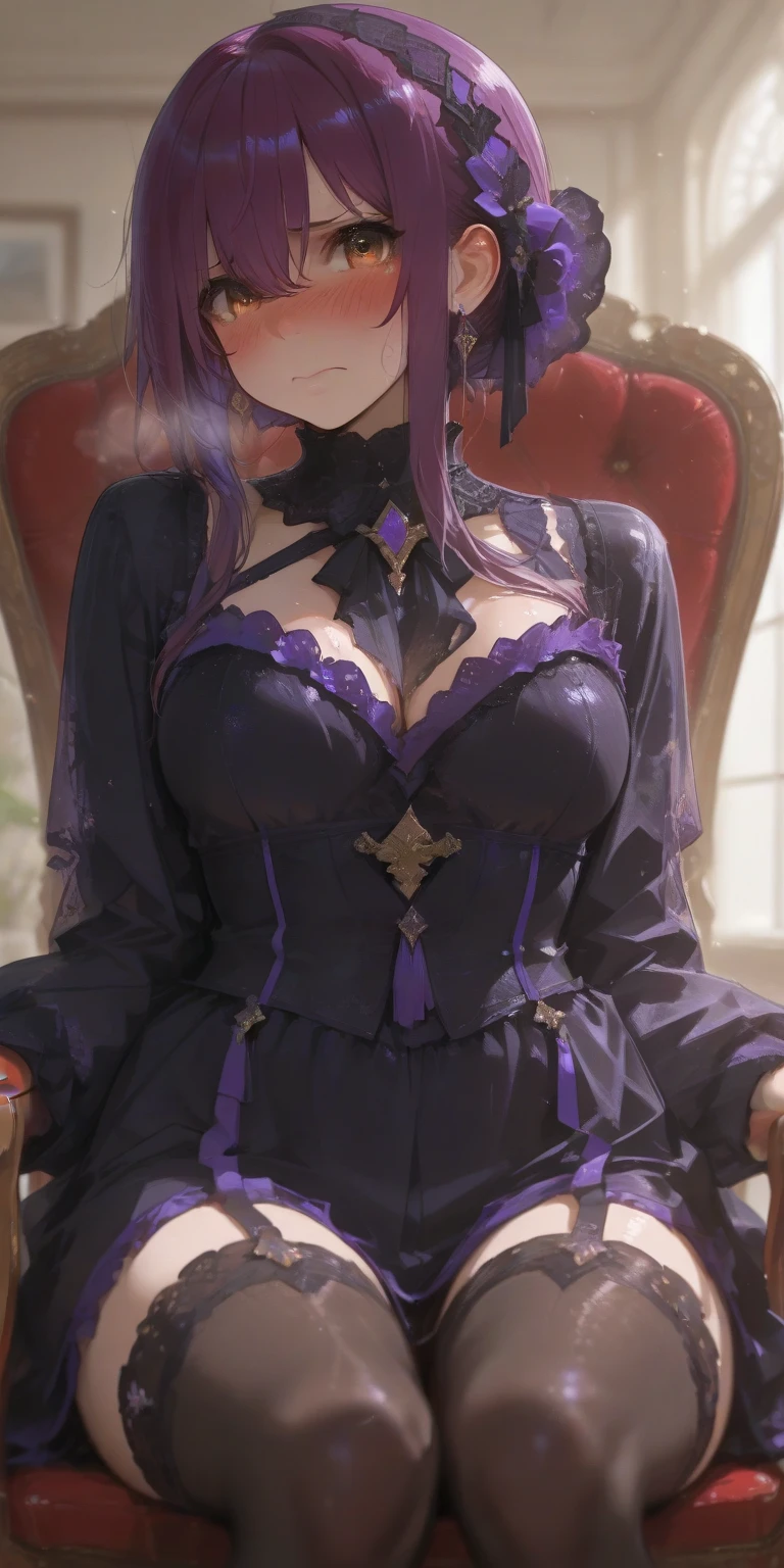 Fornication、Hard Dark Gothic Makeup、Maniacal、Deep night sky、horor、Black Dark Eyeshadow、slaves、crying how bright、mourn、Sad songs、Good skin er、Lace pink、Long hair straight hair、Dark Gothic Makeup、Dark smile、Restless Palace、Expressions of sexuusal、Fragrant beauty、age19、carriage、Lying、seductiv、Strong sexual plefacial expressions、A look of shame、Dark Gothic、Gothic Long Dress、Gothic lolita、masturbatll sleeleeve、Obscene look、Stained glass background、masutepiece、Best Quality、Ultra-detailed、Refers to 5 books、Sweat glitters on my chest、Glitter of sweat on your face、Expression of sexual pleasure in anguish、Drunkenmaid clothes、Nasty Woman、Mysterious、noble、Face holding back the toilet、Goth loli clothes、Black pretend skirt、View frbove、the body is wet and shiny、Transcendent sex appeal、Sexy Poses、Nasty poses、Face of fi body、slopp open your legs、Sweating profusely、Glitter on the thighs、I'm sweating a lot、a little slender、Breast Size Medium、cross one's legs、Affectionate swin-tail hair、Bright purple hair、Slender system、