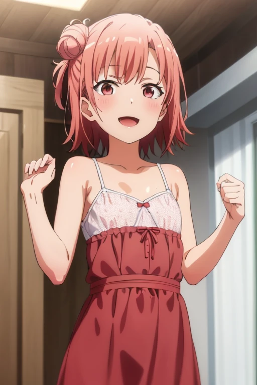 ((highest quality)), ((masterpiece)), (be familiar with), Perfect Face, indoor, Bedroom, Watching the audience,
One woman, Yuigahama Yui,
Open Mouth, Ecstatic expression, blush, smile,
Small breasts, Flat Chest, Young Girl, , , Girl,
Short Hair, Salmon-colored hair, Salmon-colored eyes, Side Pony,
Leg spread,