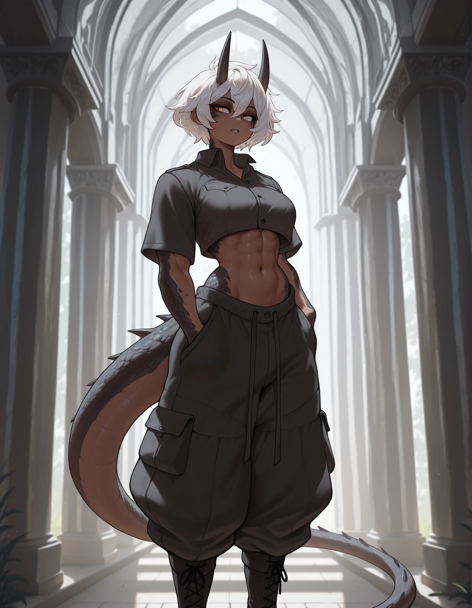 masterpiece, best quality, amazing quality, very aesthetic, absurdres, newest, scenery, extreme detail, 8k, detailed eyes, yellow eyes, by Riolutiny, female, scalie arms and neck, solo, tall, horns, extremely detailed scales, short spiky white hair, short hair, dark skin tone, (wearing baggy pants:1.3), wearing open white shirt, dark scales, strong tail, wide chest, strong, muscular, curvaceous, dark pants, maid jacket, military boots, proporcional toned body, wide chest, calm pose, athletic, BREAK background is simple and muted, with a gradient effect and soft, neutral tones.