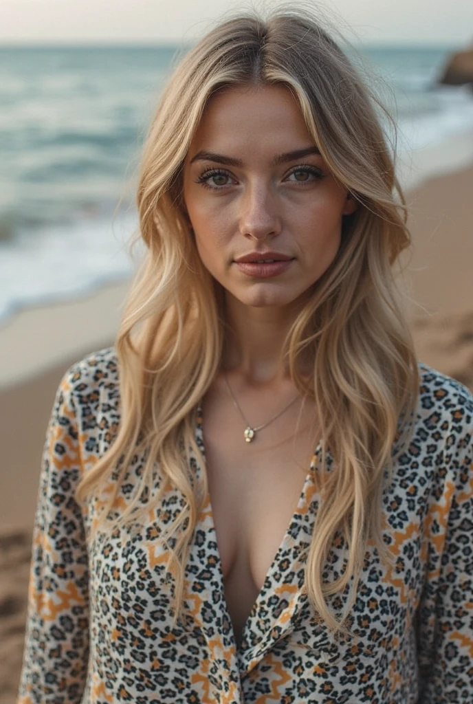 Zoom out, beautiful thin girl with a very long blonde hair, in the beach wearing a colorful bikini, Hot thin body, flat thin belly, big boob's, beautiful realistic