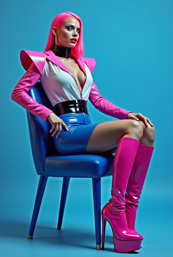 Very attractive 25 year old caucasian female with long wavy bright pink hair, dressed as spock, wearing corset, stockings, suspenders, pointed eyebrows, on bridge of uss enterprise nx1, full length, photo quality