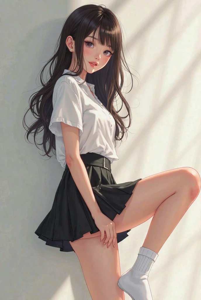 ((Jisoo Blackpink)), tiny white t-shirt, tiny blue pleated skirt, vagina showing, black high heels, close-up from thighs to face, shot from below, very fair skin, very long hair, wavy hair, camping, Forest, photorealistic, Indirect lighting, volumetric light, ray tracing, hyper-detailed, best quality, very high resolution, HDR, 8k