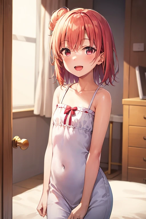 ((highest quality)), ((masterpiece)), (be familiar with), Perfect Face, indoor, Bedroom, Watching the audience,
One woman, Yuigahama Yui,
Open Mouth, Ecstatic expression, blush, smile,
Small breasts, Flat Chest, Young Girl, , , Girl,
Short Hair, Salmon-colored hair, Salmon-colored eyes, Side Pony,
Leg spread,