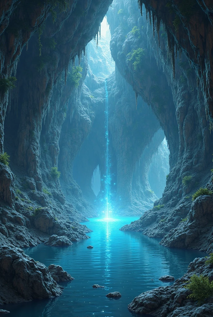 A mysterious underground cave ,The cave is covered with stalactites and stalagmites,There is a glowing crystal lake in the depths of the cave,The lake reflects the outline of a cave。