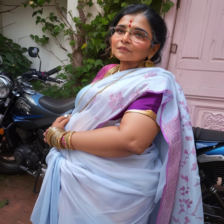Woman in sari standing in front of a pink building with a motorcycle ...