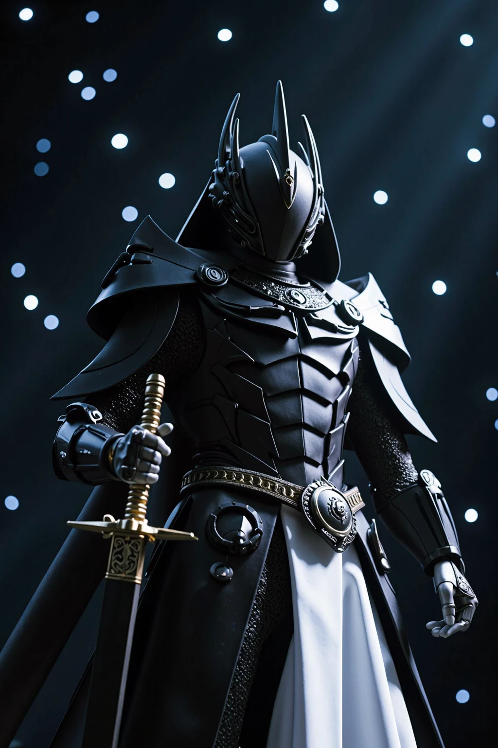 The image shows a futuristic warrior standing in a dark and eerie environment. The warrior is wearing a black and white suit with a hood that covers their head and shoulders. The suit is made of metal and has intricate details on the armor. The helmet is also black and has a pointed top. The sword in the warrior's hand is long and pointed with a golden blade. The background is filled with small white dots giving the impression of a starry night sky. The overall mood of the image is ominous and ominous., fantasy