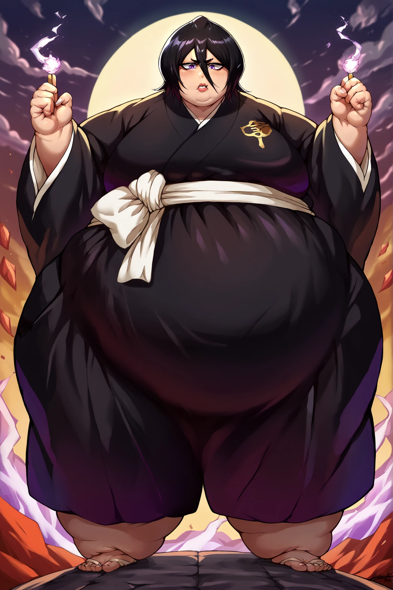 score_9, score_8_up, score_7_up, score_9, BREAK rukiaSDXL, 1girl, solo, looking at viewer, short hair, black hair, long sleeves, holding, hair between eyes, purple eyes, japanese clothes,white ribbon, wide sleeves, kimono, black kimono, kuchiki rukia, giant hands, giant feet, fat, chubby, obese, gigantic arms and legs, gigantic breasts, sagging breasts, full body shot, fat face, chubby face, double chins, big lips, fat hands, fat finger's, chubby hands, chubby fingers,
