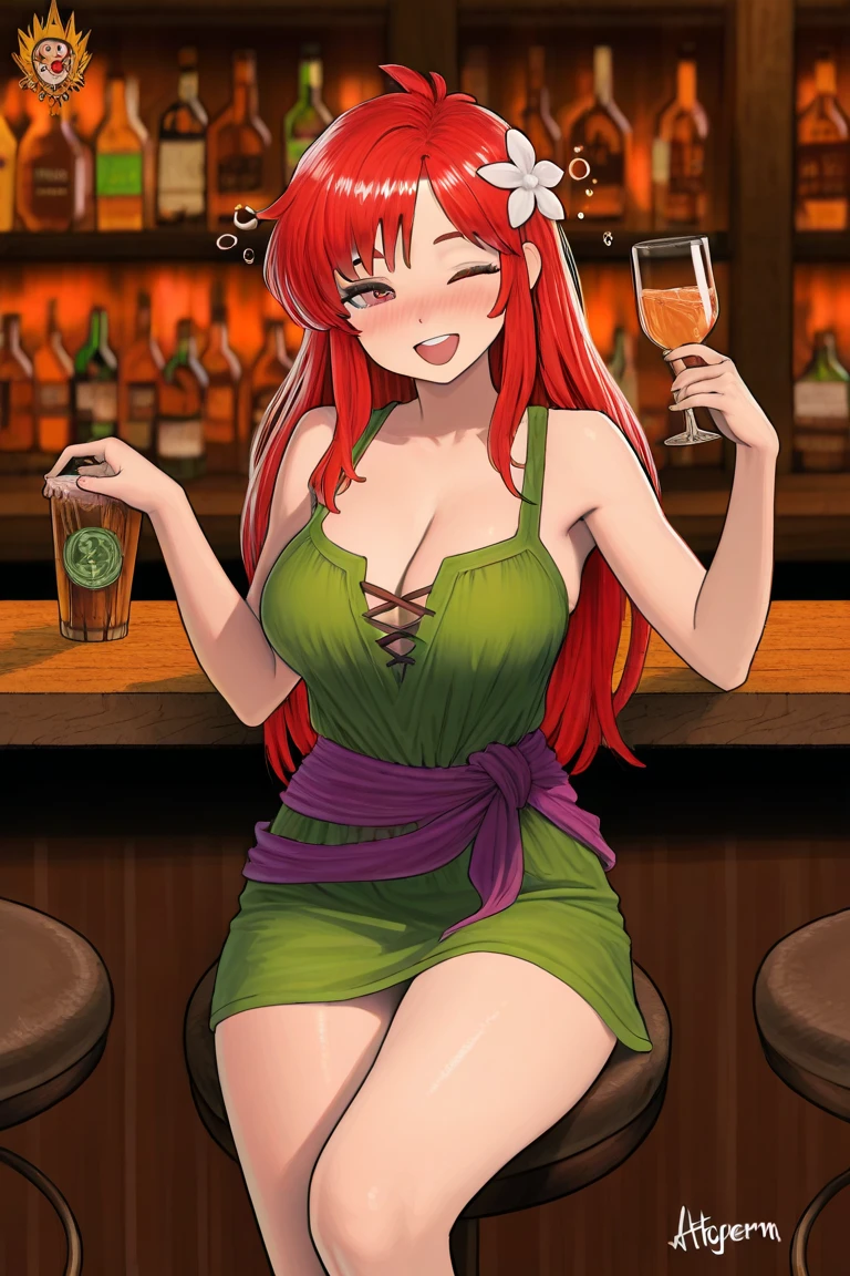 1 Girl, Medium Breasts, Half Orange Hair And Half Lime Green Hair, Split Hair Color, Two Hair Colors, Lime Green Eyes, Nice Eyes, Long Hair Style, Freckles, Nice Lips, Nice Nose, Pale White Skin, Smooth Skin, Uncaring, Sexy, Bitch, Long White Sundress, Sitting in a Public Cafe