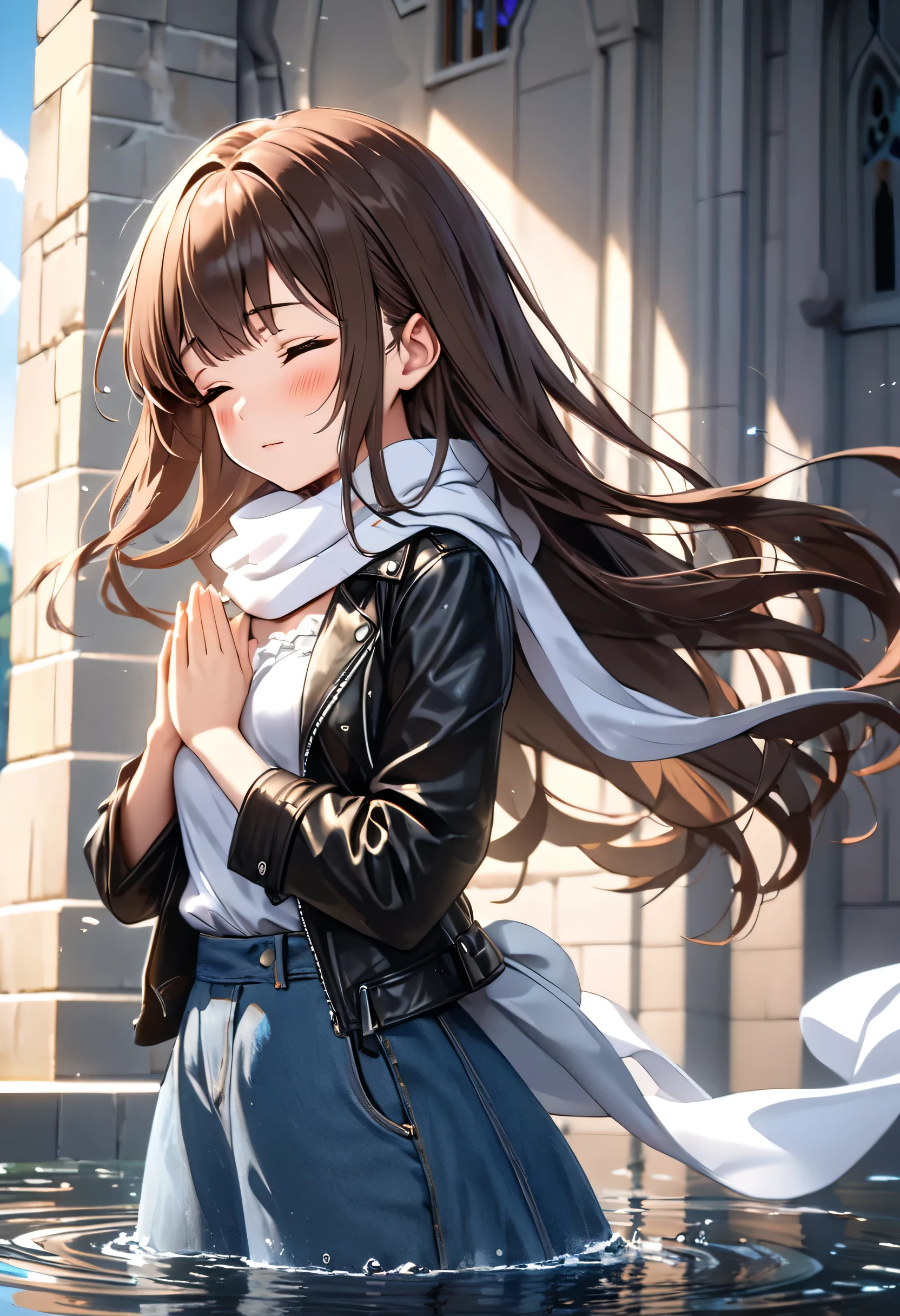 (((Masterpiece, better quality, high resolution, UHD, perfect pixels, depth of field, 4k, RTX, hdr))), 1 girl, single, full body, alone, beautiful anime girl , half body, beautiful artistic style, anime character breasts, ((serene expression, childish gaze, beautiful face), (long hair loose up to her back rippling in the wind, bangs, dark brown hair)), (eyes closed: 1.4, not-so-rounded eyes , beautiful eyelashes,), (Detailed face, blush: 1.2), (smooth texture: 0.75, realistic texture: 0.65, photorealistic: 1.1, anime cg style), perfect body, medium breasts, foreground, (She is standing praying with her hands folded , Her eyes are closed, she looks serene and her head slightly tilted down), (wears denim plank minfalda, black leather jacket , white scarf ), behind her the wall of a church, (take her side and an approach to her face seeing her beautiful features),