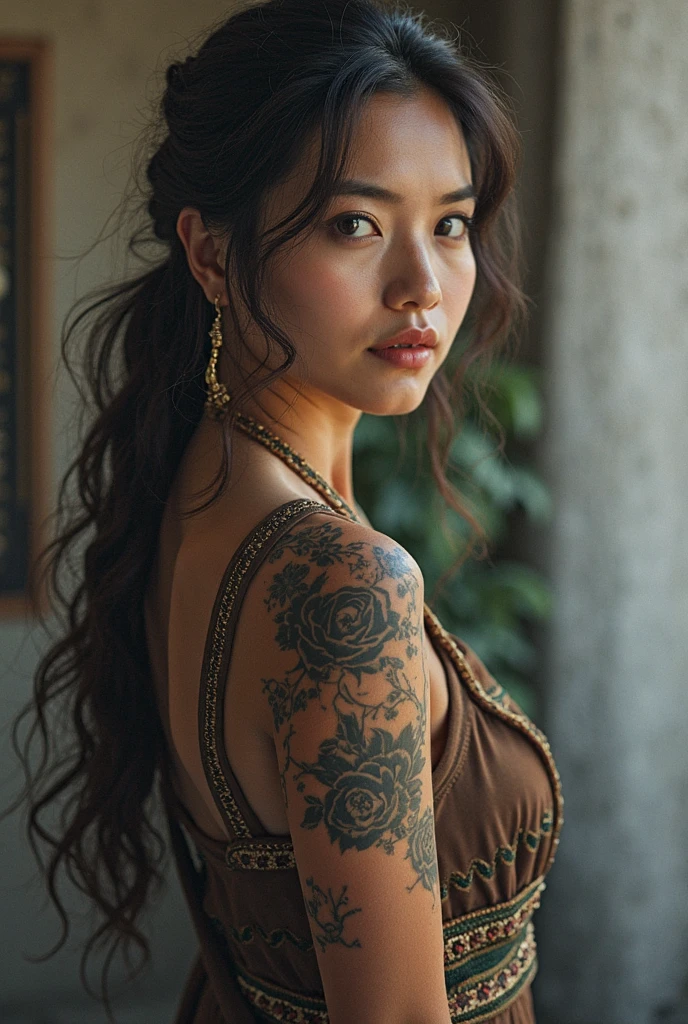 (A sexy Asian woman ?(age 20), (tiny bikini, athletic, big butt, long hair put up in fancy style) she has love poems penned with henna on her back in a artsy font) she is holding her hair up, her back is to the viewer
