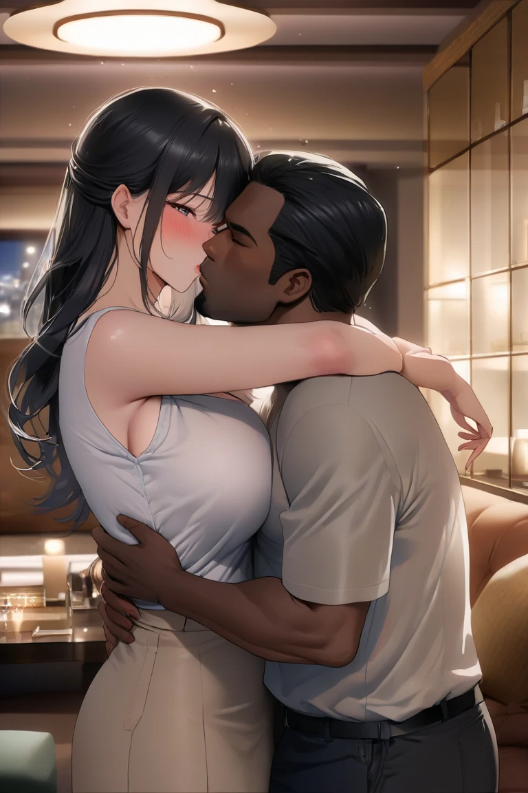 (8k, Raw photo, Best quality, masterpiece: 1.2), masterpiece, super detailing,Best Lighting, (Realistic and realistic photos: 1.4), high-definition RAW color photography, highly detail mouth,((a 50 years old black macho mob man grabbing 1 girl's breast from her back who Looking at the hotel's large window:1.5)),background blur, depth of fields, hair between eye,Short hair,(oiled skin:1.5,shiny skin),((full body)), (she is disappointed and crying:1.3),pale,black hair,