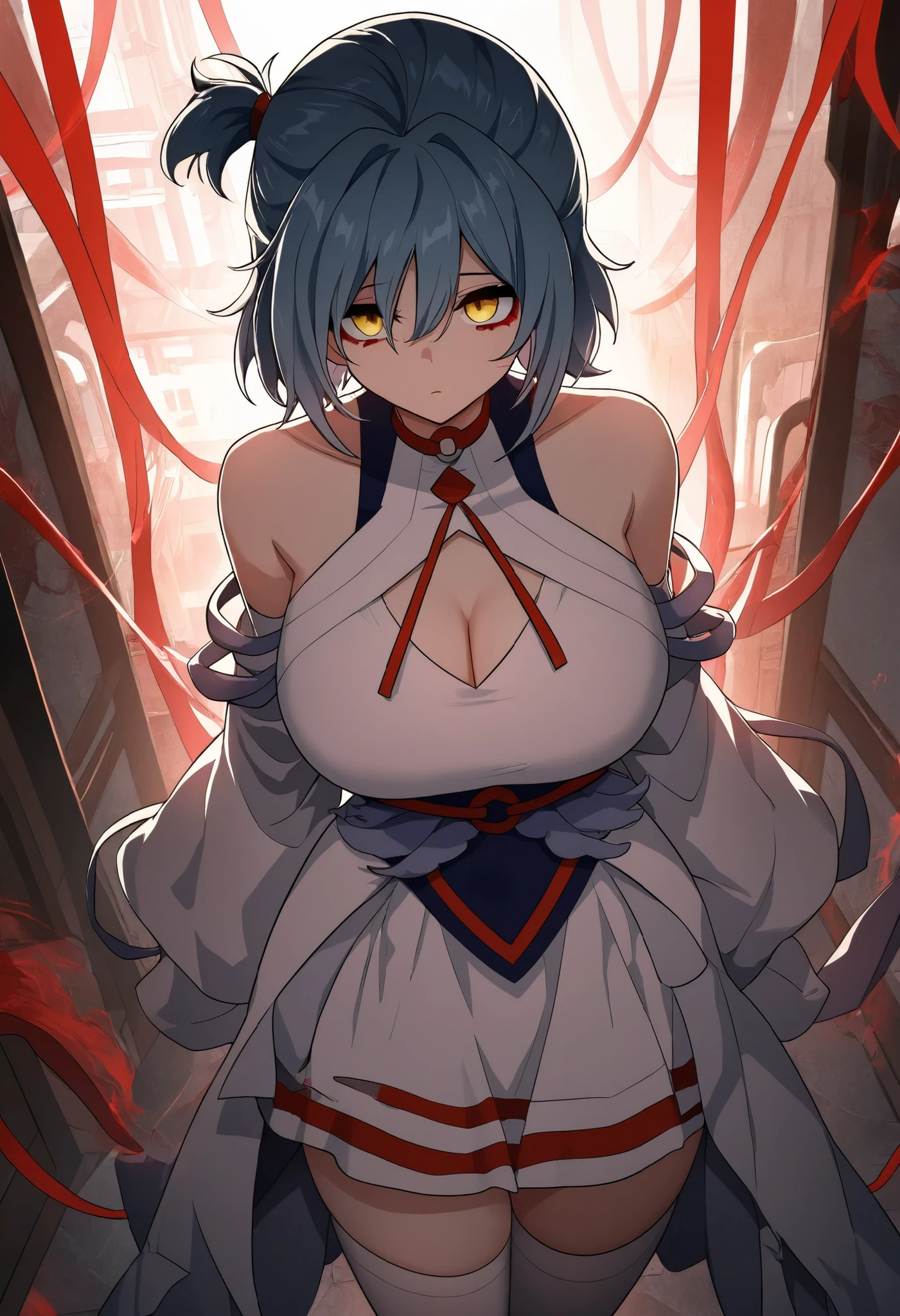 My name is Yumi, I am a white test woman with long dark blue hair, red eyes and red . I am 1.62 cm tall and weigh 47 kg. My breasts measure 200 cm, my waist 50 cm and my hips 200 cm. Dressed in a tight, low-cut pink blouse along with short black shorts . With big breasts 200 cm