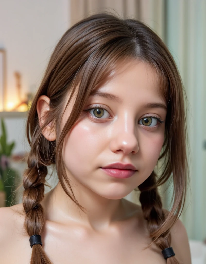 13 year old girl with medium length brown hair, children's pigtails hair, Caucasian facial structure, green eyes, a beautiful smile on her face and a deep look, she wearing a lace tight pink dress, she in a apartment,