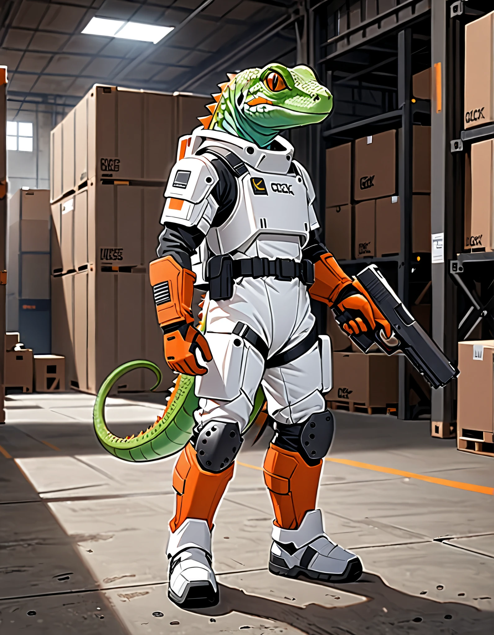 (masterpiece), (best quality), (high res), (solo, solo focus), 1male, male focus, anthropomorphic lizard, mutant, reptile, green lizard, holding weapon, Glock Pistol, matching orange gloves, white spacesuit, armor, black knee pads, white boots, midget-sized, warehouse backdrop, indoors, standing, full-body costume design.