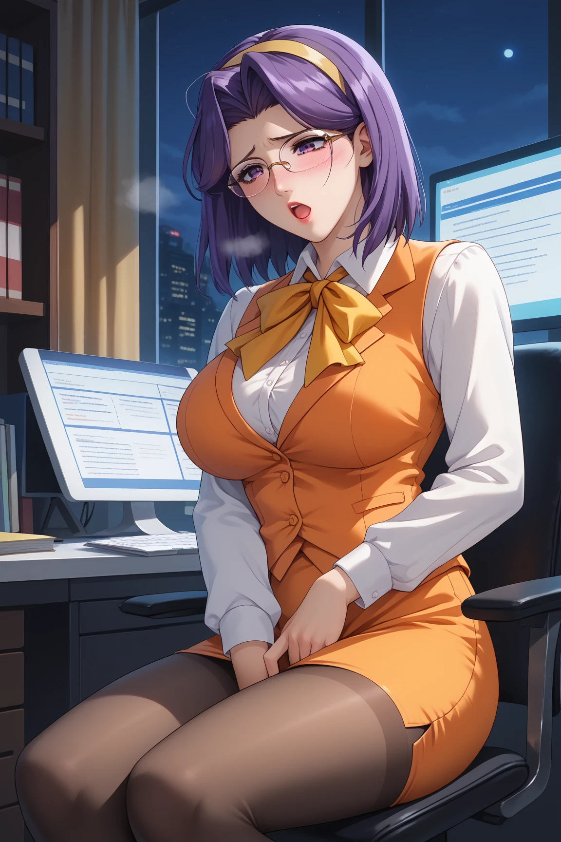 purple short hair　Glasses　white collared blouse　black tight skirt　stockings　(Strap ID Card)　50 years old　赤いルージュのPlumpとした唇　round face　Plump　(eye contact)　((Kinky mature woman sitting at the computer desk in the office, lifts her legs and presses her steamy onlys against my face.))　Beautiful onlys　toes　Sweaty sexy body　((knee high boots))　Photographed from a low angle　masterpiece　8k Depicted from a low perspective as if seen from directly below　Kinky MILF tries to step on my face with her patent booted feet　((only))　、pink nipples、sweater、