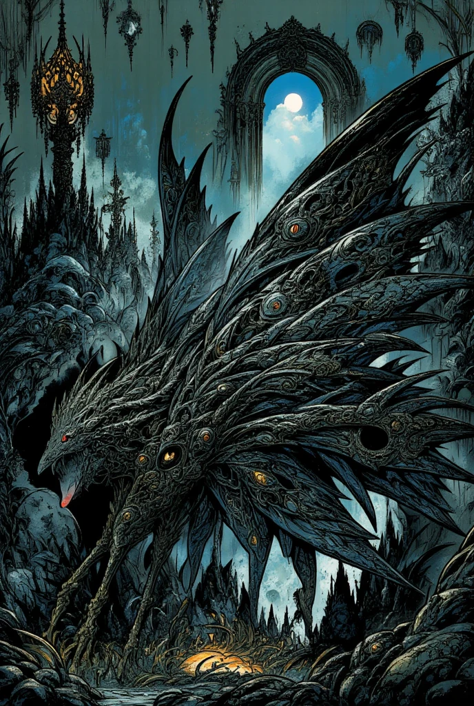 ((masterpiece), best quality, high quality, professional quality, highly detailed, highres, perfect lighting, natural lighting), black dragon, soaring over forest, lush green trees
