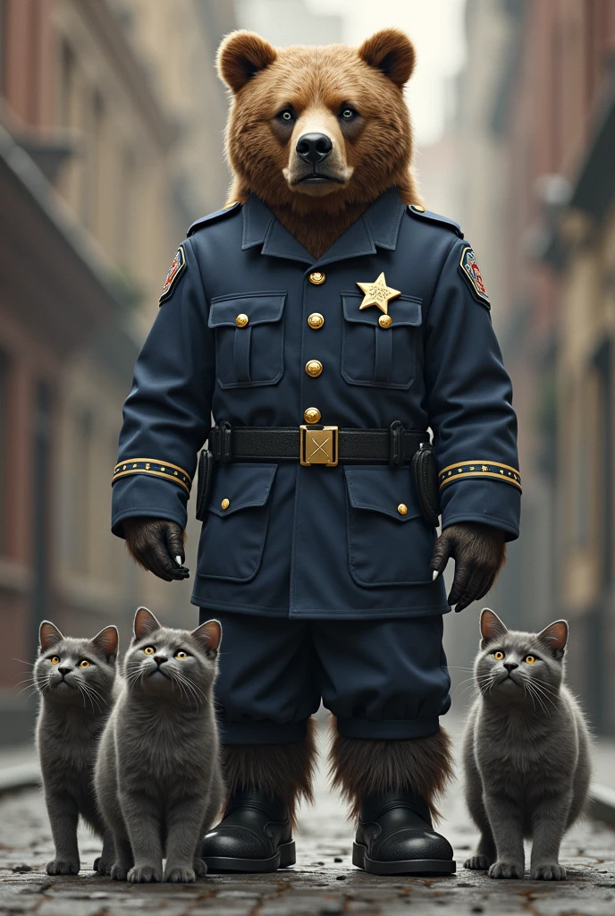 Create a picture of a brown bear wearing . a police uniform and with 4 gray cats next to it.