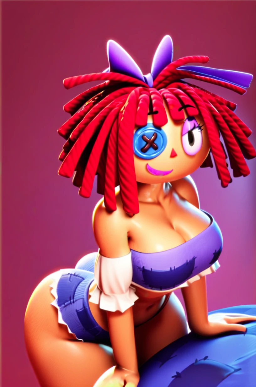 focus alone, d_All, 1 girl,rag-doAll, red yarn-like hair, flat orange triangular nose, blue button eye and black paboveil in actual eye, purple bow in hair, looking at the viewer, trespass, front view, spreading legs, Platform high heels, score_9, score_8_above, score_7_above, spread pussy, bottomless, nude, backwards, short, sexy, legs open, masturbating, Chibi