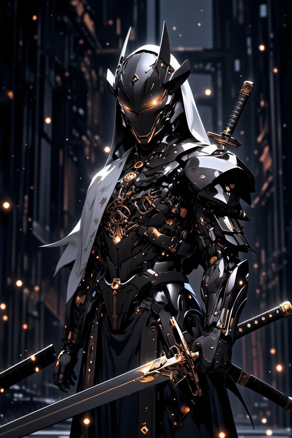 The image shows a futuristic warrior standing in a dark and eerie environment. The warrior is wearing a black and white suit with a hood that covers their head and shoulders. The suit is made of metal and has intricate details on the armor. The helmet is also black and has a pointed top. The sword in the warrior's hand is long and pointed with a golden blade. The background is filled with small white dots giving the impression of a starry night sky. The overall mood of the image is ominous and ominous., fantasy