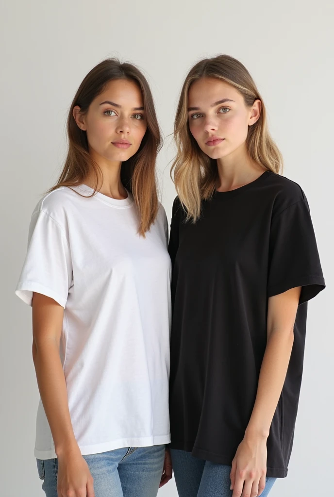 Hyperrealistic photo of a 30 years old short hair blonde American beautiful women standing in oversized plain basic black t-shirt with blue jeans skinny, detailed green eyes, soft lighting, the best quality, crew neck black T-shirt full body length, white background for mockup