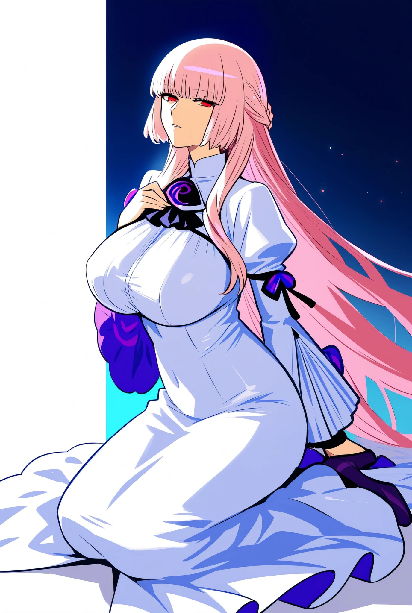 Full body purple Shikibu(FGO)Nightingale(FGO) light pink hair red eyes long hair white dress furry sleeve huge breasts