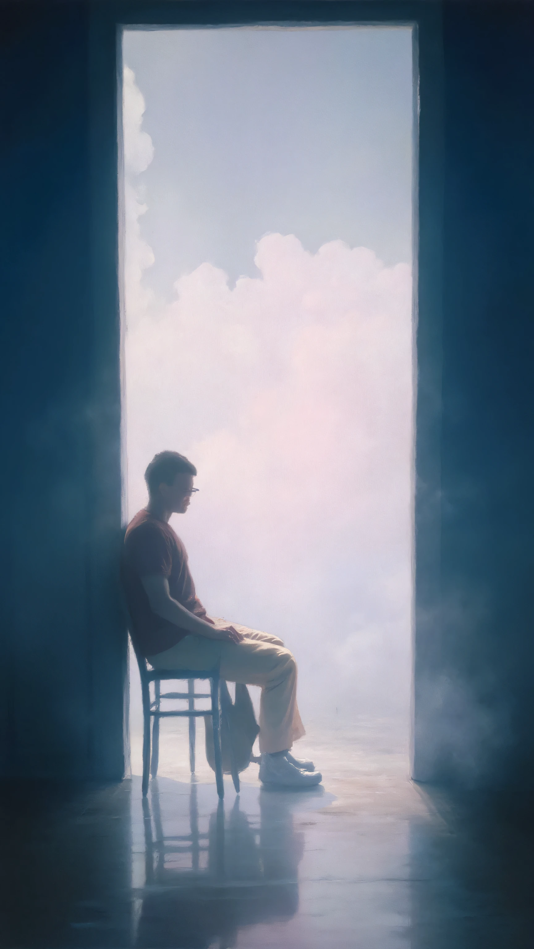 impressionist,are in reverse,Upward Shot,Smoky,Shoot from outside the room,A man sits in a chair at the door,There is thick fog outside。 blue, pink vibe。