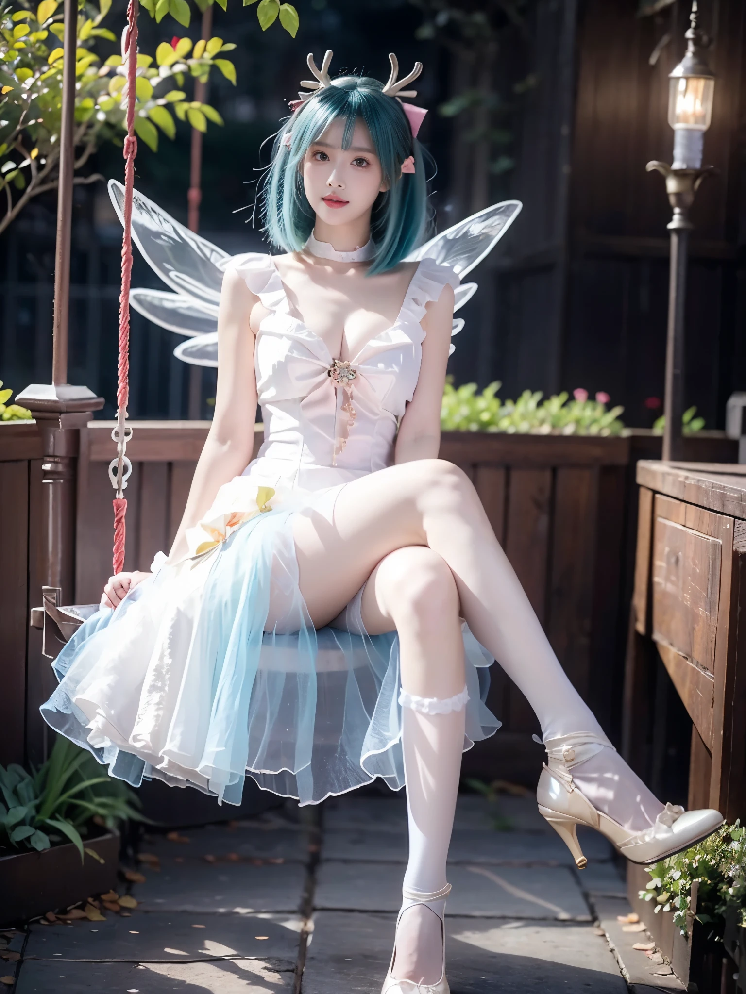 yao cosplay costume, aqua hair, dress, shoulder cutout, frills, choker, wrist cuffs, antlers, horns, bow, wings, hair ornament, animal ears, hair bow, hairclip, socks, kneehighs, shoes, high heels ,, (xuer swing), photorealistic, exquisitely beautiful sexy long legs model, garden, (Sitting position:1.3), (Full bust, visible cleavage, very short hemline), (Lots of flowers around, roses in the foreground), **seated gracefully on a swinging swing**, gentle swaying motion, romantic atmosphere, night, soft moonlight illuminating the scene, shimmering fireflies dancing around, dreamy, elegant, highly detailed face, perfect anatomy, (eyes looking directly at viewer:1.15), soft and diffused lighting, high resolution, 8k, masterpiece, best quality, dynamic pose, flowing dress, (intricate details:1.1), bokeh background, (well-defined calf muscles:1.2), (slender thighs:1.2), (elegant ankles:1.1), (natural leg curvature), (graceful leg pose:1.3), **(feet slightly pointed:1.1)**, (sitting with one leg slightly bent and the other extended:1.2), (perfect symmetry), (smooth skin texture), (realistic shadows and highlights on legs)