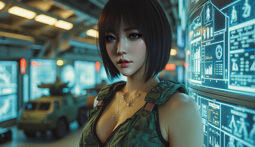 (Browsing Caution), (RAW Photos), (Realistic), (Photorealistic), Ultra-high resolution, masterpiece, Highest quality, Portraiture, facial Portraiture, Perfect lighting, Detailed lighting, Dramatic Shadows, Ray Tracing, 1 Japan Beautiful lady, cute face, 40 years old, Sensual, Cleavage, Plump figure, Beautiful and delicate brown eyes, eye shadow, long eyelashes, Red lips, big breasts, big ass, big thick thighs, Short Hair, Black Hair, Mouth half open, gentle smile, ((Wearing a tight knit dress)), In cyberpunk street, ((background with soldiers)), ((night:1.5)), upper body, look straight ahead,