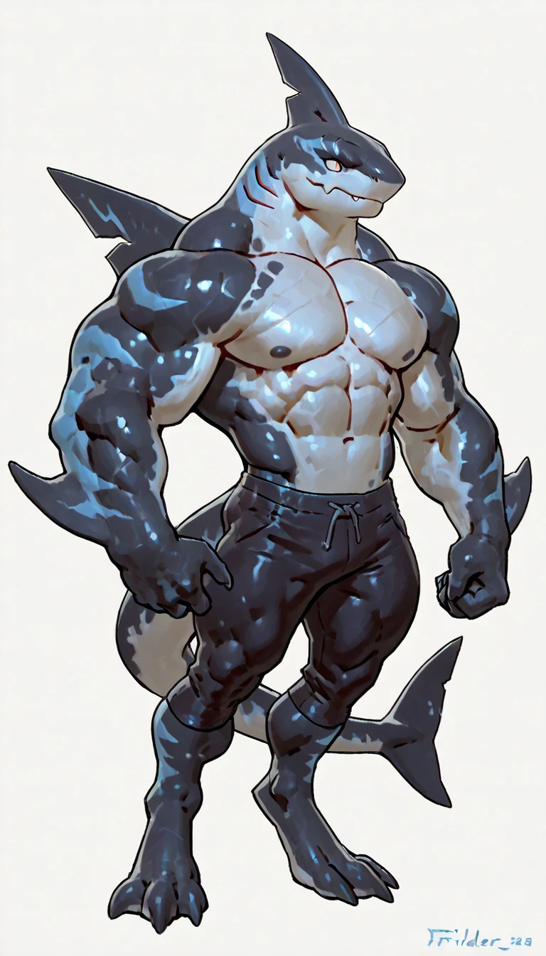 white and black bara shark, cyan highlights, strong physique, tribal tattoos, black hair with blue highlights, long stylish hair, cyan colored eyes, black sclera, very muscular, perfect anatomy, nipple piercings, solo, masterpiece, sexy pose, manly pose, beard, strong jaw, thick thighs, giant biceps, big tail, strong physique, long hair, glowing eyes, very muscular, perfect anatomy, full body view in frame, nipple piercings, solo, masterpiece, sexy pose, tattoos, beard, strong jaw, thick thighs, giant biceps, muscular, feet shown, 5 fingers, big tail, sweat, amazing shading, clear focus, great lighting, super detailed, strong pose, 8K, colorful, vivid color, digital art, character design, great character design, design concept, by adios, standing, standing pose, very detailed eyes