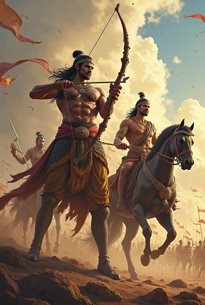 Sure, here is a concise summary for your YouTube thumbnail: "Epic Mahabharata Battle: Lord Krishna with Arjuna and Karna's Fateful Encounter on the Battlefield - Horses in the Forefront"