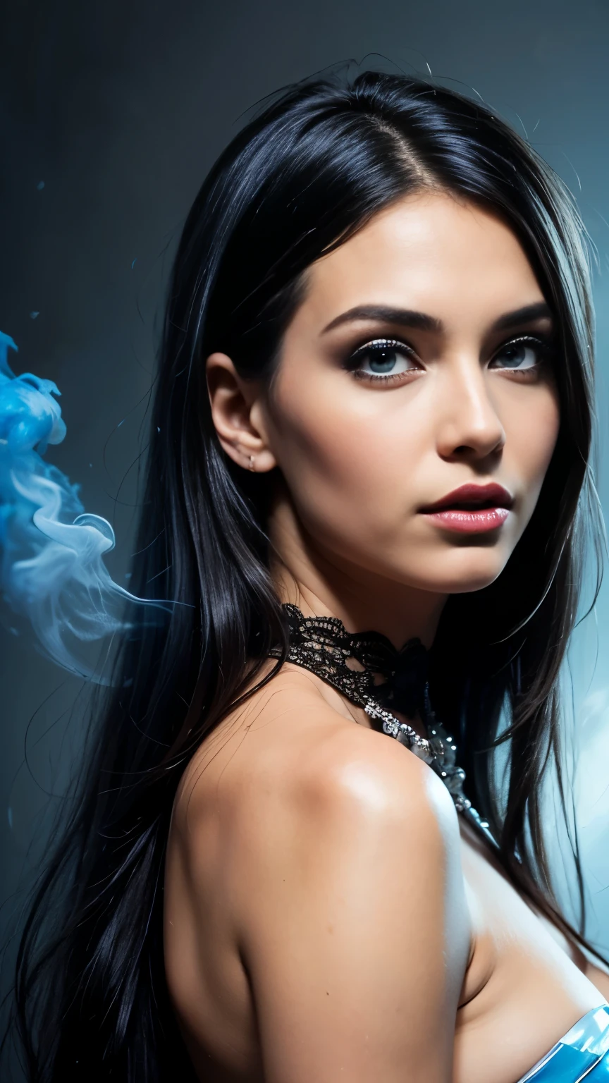 1 ultra hot stunning European woman. Age 23., close , beautifully evil model, sophisticated sorceress, powerful goddess, Super villain , hourglass figure, purple very transparent dress, topless:1.6, symmetric , very detailed face, long flowing black hair, mesmerizing blue eyes, gorgeous red lips , enjoys a flirty smile, Tempting, attractive, facing the viewer, looks at the viewer, blue smoke swirls around her , real, in full length, high detail, better quality
