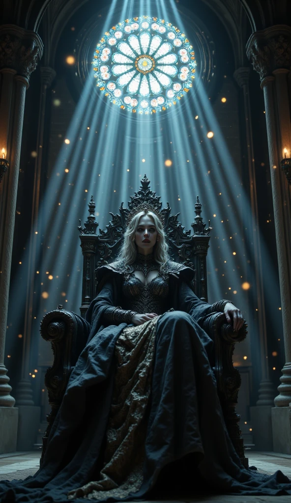 RAW Photos,black light, hair blonde, dark surroundings, Dark masterpiece, mulher fair brown-skinned, SITTING ON A THRONE, black roses, posing photo, long hair, hair blonde, black witchcraft, red geometric shiny background, full body size, Eastern fantasy theme, Eyes red, underworld, cold stare, Dark clothes, long and tight, fair brown-skinned, color classification, dark illustration, extreme quality, Radiant, extremely detaild, Face ultra detailed, ultra hd 8k, ultradigitality, mythical, black lightning, Conceital Art Portrait of Greg Rutkowski, artgerm, hyperdetailed, intricately detailed Gothic art, dark gothic fantasy style, triadic colors, Fantastic, intricate-detail, opening screen, colors complementary, fantasy concept art, 8K resolution, masterpiece of gothic deviantart, Heavy strokes, soft lighting, Surrealism