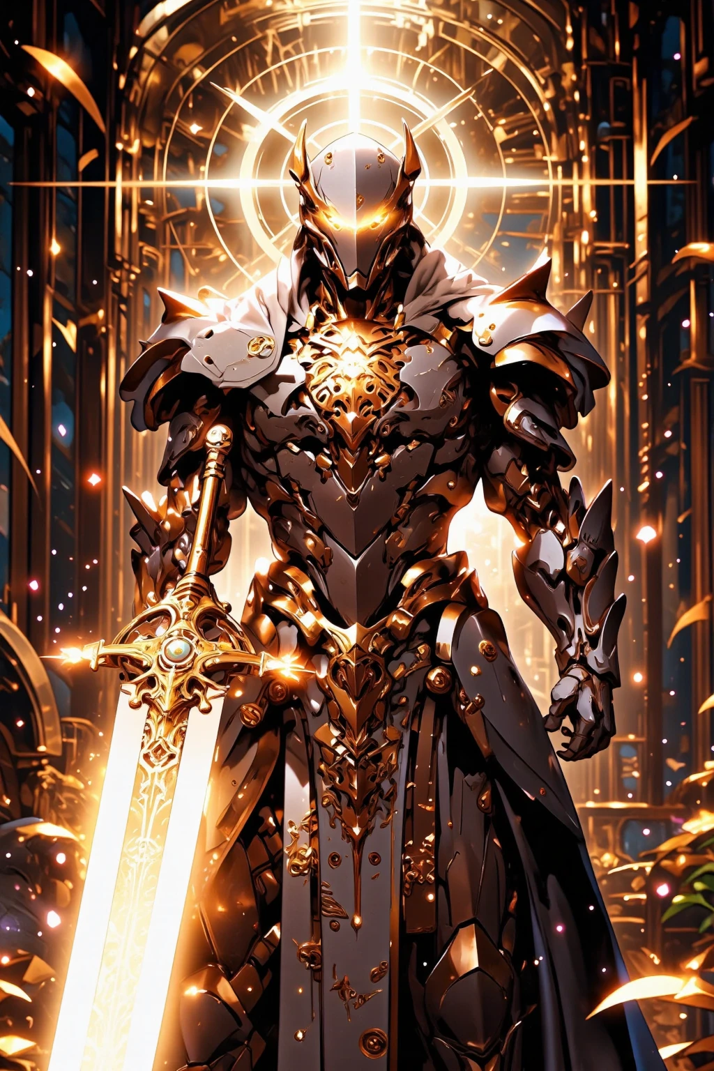 In a divine setting, a holy paladin stands strong, adorned in magnificent red and gold armor. The light-infused sword he wields emits a powerful glow, representing his unwavering devotion to justice. His armor gleams in the radiance of the (magewave:1.1) and the enchantment of (light magic:1.1). The image showcases the best quality and resolution, with details so sharp that every line and texture is visible. The colors are vibrant and eye-catching, capturing the essence of the paladin's noble aura. The lighting is meticulously crafted, emulating a professional studio setting, ensuring that every aspect of the scene is perfectly illuminated.
