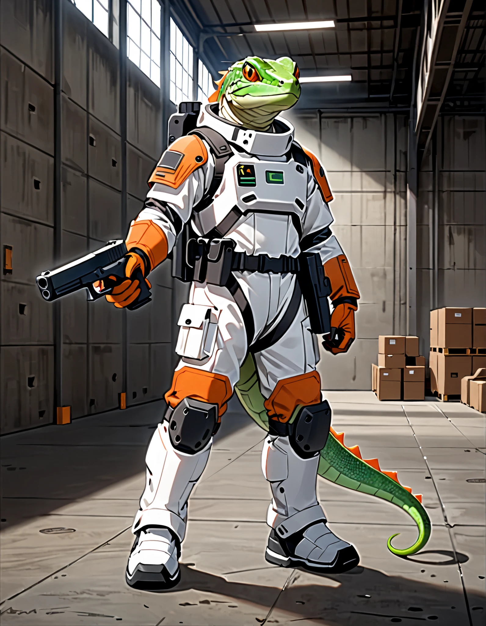 (masterpiece), (best quality), (high res), (solo, solo focus), 1male, male focus, anthropomorphic lizard, mutant, reptile, green lizard, (holding Glock Pistol), matching orange gloves, white spacesuit, armor, black knee pads, white boots, midget-sized, warehouse backdrop, indoors, standing, full-body costume design.