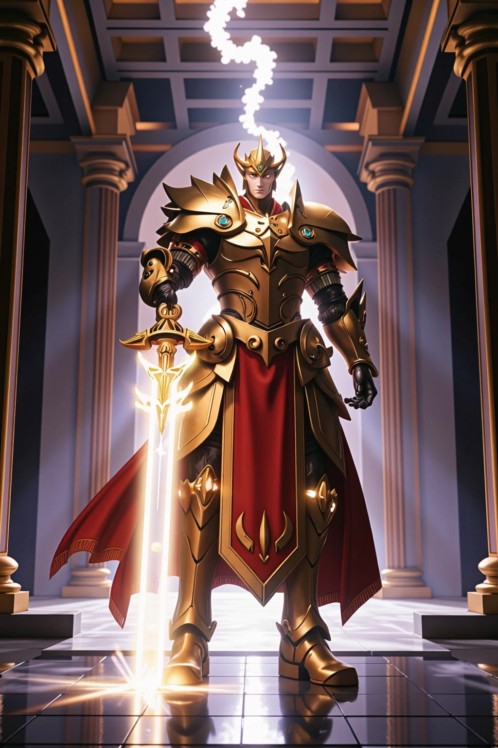 In a divine setting, a holy paladin stands strong, adorned in magnificent red and gold armor. The light-infused sword he wields emits a powerful glow, representing his unwavering devotion to justice. His armor gleams in the radiance of the (magewave:1.1) and the enchantment of (light magic:1.1). The image showcases the best quality and resolution, with details so sharp that every line and texture is visible. The colors are vibrant and eye-catching, capturing the essence of the paladin's noble aura. The lighting is meticulously crafted, emulating a professional studio setting, ensuring that every aspect of the scene is perfectly illuminated.
