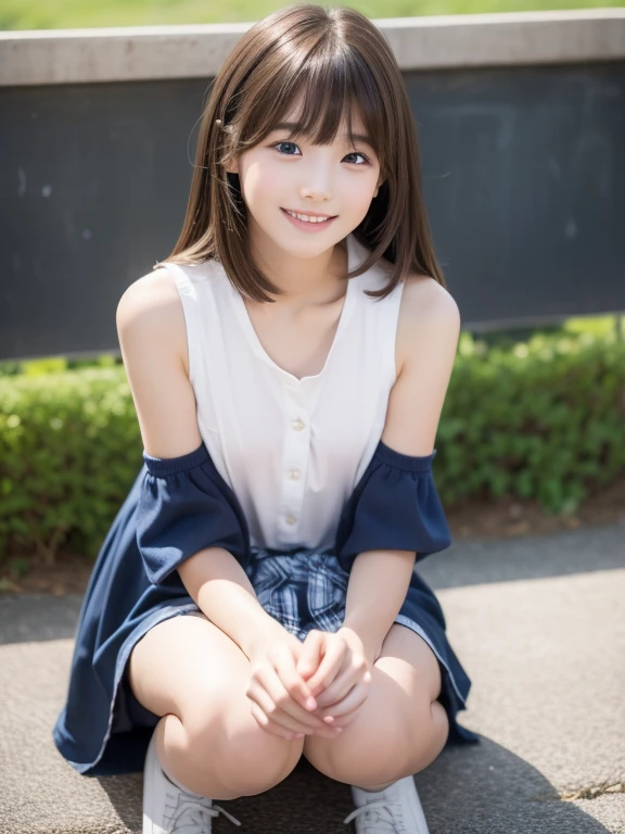 master piece, Best Quality,(12 years old Japan girl:1.5),(Looks like you're about to cry:1.3) ,(M-shaped legs spread on a park bench:1.8),(Summer clothes and hairpins for junior high school girls:1.8),Brown eyes,(Small:1.7),(Smooth straight hair:1.5),(Slender body,Skinny Legs),A detailed eye,Very white skin,Letting down your bangs,Detailed body,Detailed hand,No makeup, Smile,