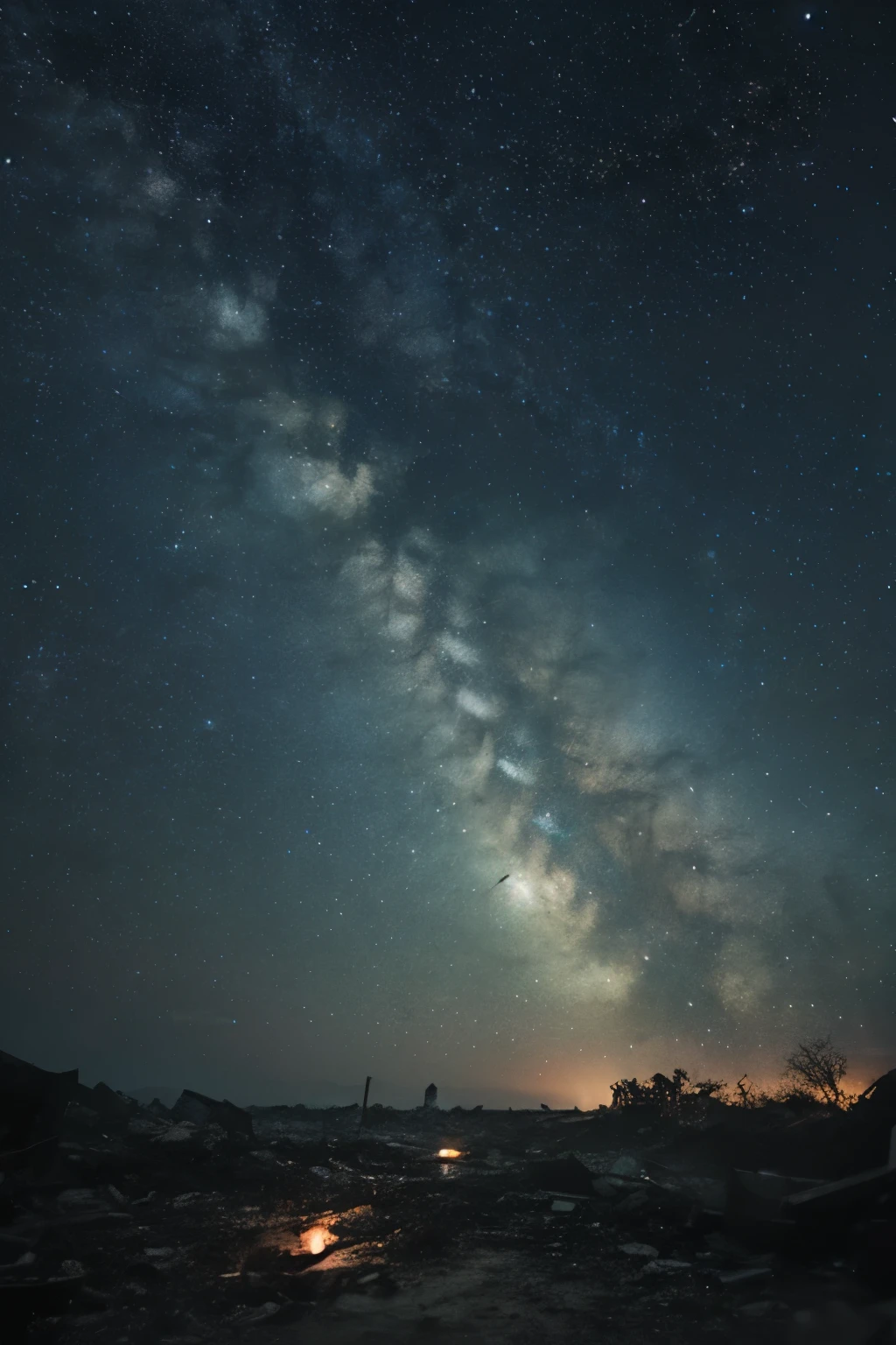 A starry sky spreads across the ruins、A landscape depicting the contrast between the beauty of the cosmos and the devastated Earth。Looking up in the city where the ruins of collapsed buildings stand、The myriad stars and shooting stars shine brightly。It's dreamy、A scene like some distant future、A sight where stillness and destruction coexist